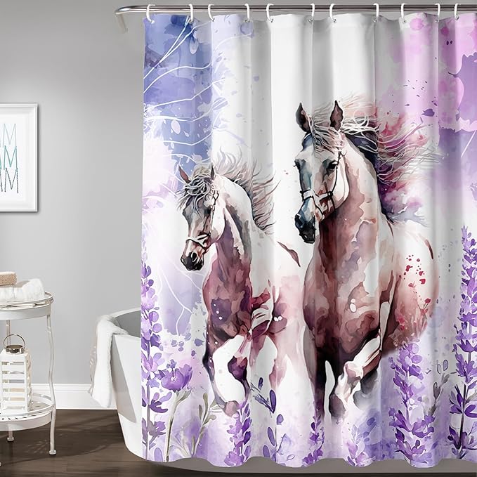 AILONEN Watercolor Flower Horse Shower Curtain,Galloping Horse Bath Curtain,Purple Lavender Horse Decoration Bathroom Curtain with 12 Plastic Hooks,Waterproof 72" W*72" H