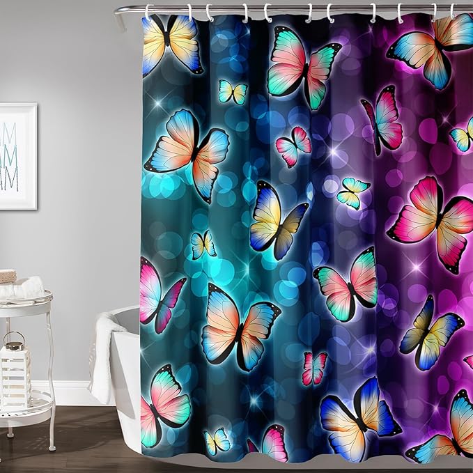 AILONEN Colorful Butterfly Shower Curtains,Gradient Butterfly Bath Curtain for Bathroom Decor,Polyester Waterproof with 12 Plastic Hooks 60" W*72" H