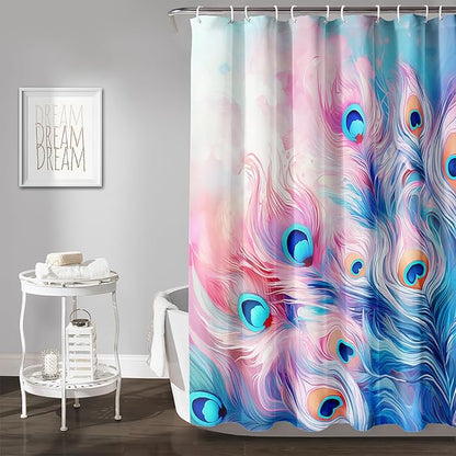 AILONEN Peacock Shower Curtain for Bathroom, Pink and Blue Peacock Feather Print Shower Curtain,Fashion Tie Dye Bath Curtain for Girls Women Waterproof 72" W*78" H