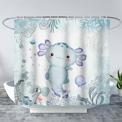 AILONEN Cute Axolotl Shower Curtain for Bathroom Teal Blue Ocean Beach Coastal Bath Curtain Decor 72" W*96" H Polyester Fabric Waterproof Bathroom Curtain with 12 Hooks