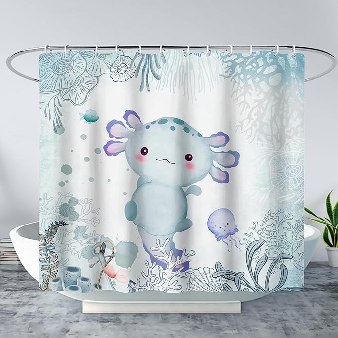AILONEN Cute Axolotl Shower Curtain for Bathroom Teal Blue Ocean Beach Coastal Bath Curtain Decor 48" W*72" H Polyester Fabric Waterproof Bathroom Curtain with 12 Hooks