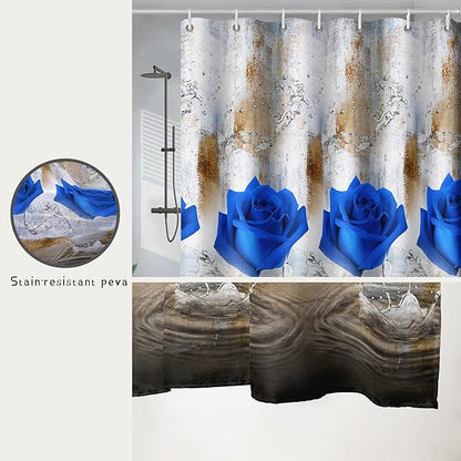 AILONEN Blue Rose Shower Curtain for Girls 3D Rose Water Droplet Retro Bathroom Decor,Modern Rose Flower Couple Lover Women Bath Curtain 48" W*72" H Polyester Waterproof Bathroom Curtain with Hooks