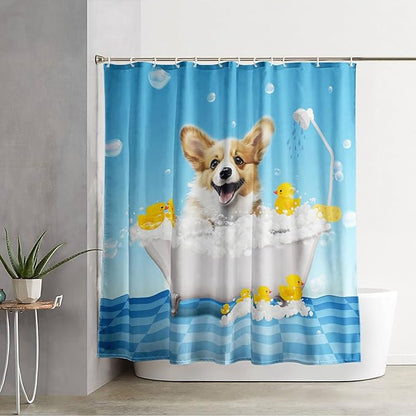 AILONEN 3D Bathtub Dog Shower Curtain for Kids 72" W*72" H Kawaii Shower Puppy and Bathtub Yellow Duck Shower Curtain,Polyester Waterproof Fabric Decor for Bathroom Bathtub Panels