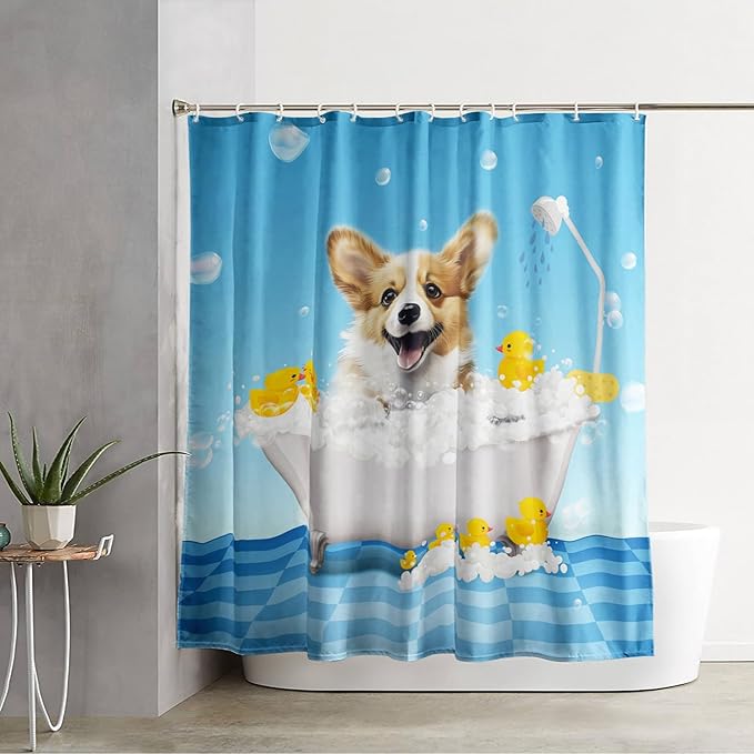 AILONEN 3D Bathtub Dog Shower Curtain for Kids 72" W*78" H Kawaii Shower Puppy and Bathtub Yellow Duck Shower Curtain,Polyester Waterproof Fabric Decor for Bathroom Bathtub Panels