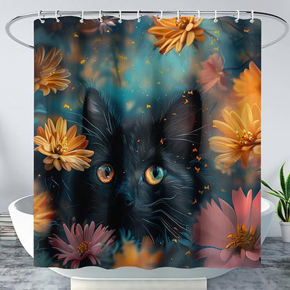 AILONEN Cute Black Cat Shower Curtain Set, Yellow Flower Kitty Cloth Shower Curtain Curtain for Bathroom,Cat Lovers Animal Shower Curtain Liner for Kids Boys Girls,72" W*78" H