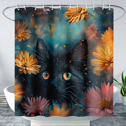 AILONEN Cute Black Cat Shower Curtain Set, Yellow Flower Kitty Cloth Shower Curtain Curtain for Bathroom,Cat Lovers Animal Shower Curtain Liner for Kids Boys Girls,72" W*78" H