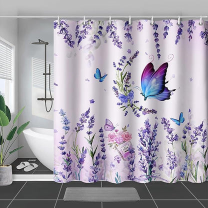AILONEN Girls Butterfly Shower Curtain for Bathroom, Blooming Lavender Flower Purple Bath Curtain 36" W*72" H Polyester Fabric Waterproof Bathroom Curtain with 12 Hooks