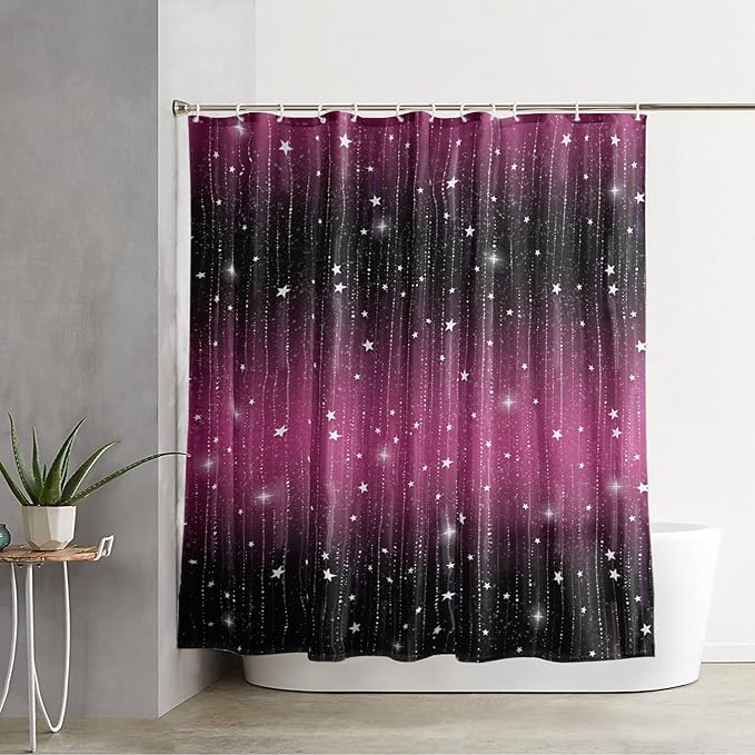 AILONEN White Starry Shower Curtain,Dreamy Starry Sky Bathroom Fabric Shower Curtain for Girls Boys Kids Teens, 72" W*84" H Black and Purple Theme Bathroom Decor