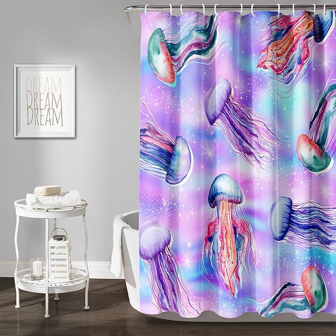 AILONEN Jellyfish Shower Curtain,Cartoon Sea Animal Jellyfish Bath Curtain Set for Kids Girls,Tie Dye Starry Night Fabric Shower Curtains for Bathroom, 60" W*72" H