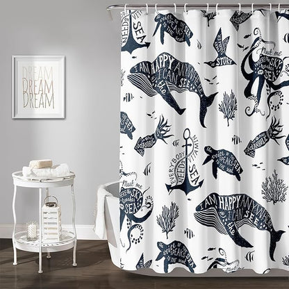 AILONEN Whale Shower Curtain Cartoon Gull Sea Turtle Octopus Bath Curtain Ocean Animal Blue Printed Shower Curtain 60" W*72" H Minimalist Bathroom Curtain Polyester Waterproof Curtain with 12 Hooks