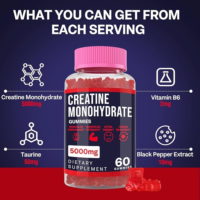 5000mg Creatine Monohydrate Gummies, Creatine for Women and Men, Chewable Creatine Pre Workout Gummies with Taurine & B6 - for Muscle, Recovery, Strength, Energy, Endurance & Performance - 120 Count
