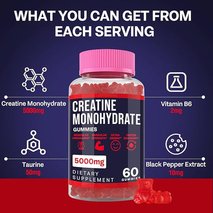 5000mg Creatine Monohydrate Gummies, Creatine for Women and Men, Chewable Creatine Pre Workout Gummies with Taurine & B6 - for Muscle, Recovery, Strength, Energy, Endurance & Performance - 120 Count