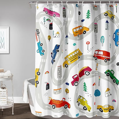 AILONEN Construction Shower Curtain, Truck Fire Engine Police Car Bath Curtain for Kids Boys,Red Yellow Blue Truck Car Bathroom Decor Waterproof Fabric 72" W*84" H Inch with 12 Plastic Hooks
