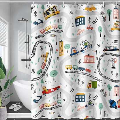 AILONEN Construction Truck Shower Curtain, Kids Cartoon Train Vehicle Tractor Cars Bath Curtain for Boys,White Road Map Bathroom Decor Waterproof Fabric 72" W*72" H Inch with 12 Plastic Hooks