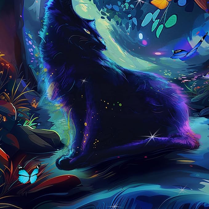 AILONEN Black Cat Shower Curtain,Cartoon Cat Shower Curtain Set for Kids Boys Girls,Boho Style Butterfly Shower Curtain Curtain for Bathroom,Mysterious Forest Curtain Set with Hooks,72" W*84" H