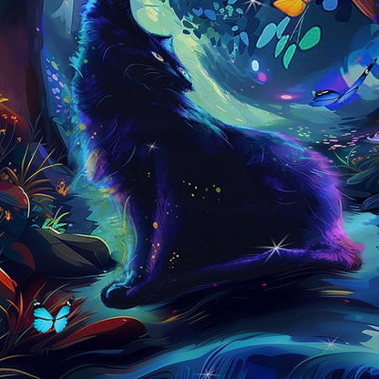 AILONEN Black Cat Shower Curtain,Cartoon Cat Shower Curtain Set for Kids Boys Girls,Boho Style Butterfly Shower Curtain Curtain for Bathroom,Mysterious Forest Curtain Set with Hooks,72" W*84" H