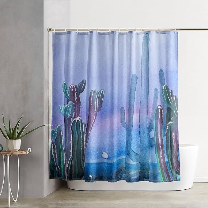 AILONEN Watercolor Cactus Shower Curtain,Blue-Purple Dreamy Theme Bathroom Fabric Shower Curtain for Boys Kids Teens, 72" W*72" H Night Cactus Forest Bathroom Decor