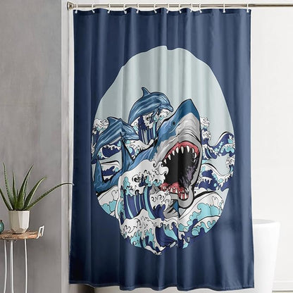 AILONEN Cartoon Shark Shower Curtain for Kids Boys Girls,Blue Ocean Wave with Shark Waterproof Fabric Shower Curtain for Bathroom,Blue Jumping Dolphin Theme Shower Curtain Set with Hooks,72" W*78" H