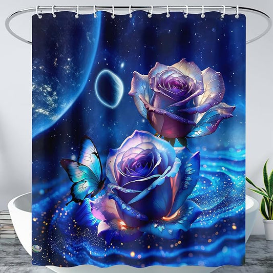 AILONEN Blue Rose Shower Curtain,Romantic Flower Bath Curtain for Girls Women,Blue Galaxy Starry Rose Floral Curtain for Bathroom Decor 72" W*78" H,Waterproof with 12 Plastic Hooks