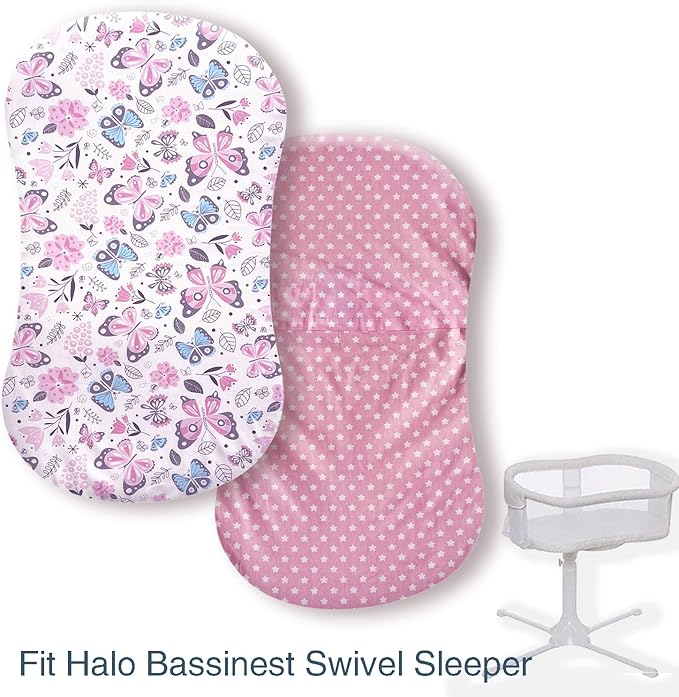 Premium Cotton Butterfly Bassinet Sheets, Fit for Halo Bassinest Swivel Sleeper, 2 Pack Hourglass Bassinet Mattress Sheet Set for Girl, Soft Breathable Safe, Pink Stars Butterfly
