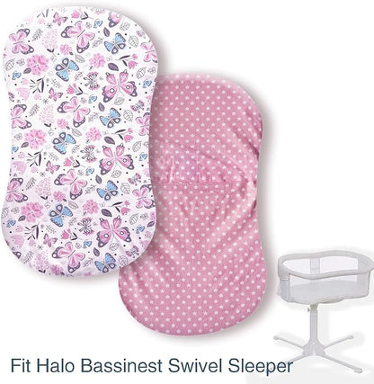 Premium Cotton Butterfly Bassinet Sheets, Fit for Halo Bassinest Swivel Sleeper, 2 Pack Hourglass Bassinet Mattress Sheet Set for Girl, Soft Breathable Safe, Pink Stars Butterfly