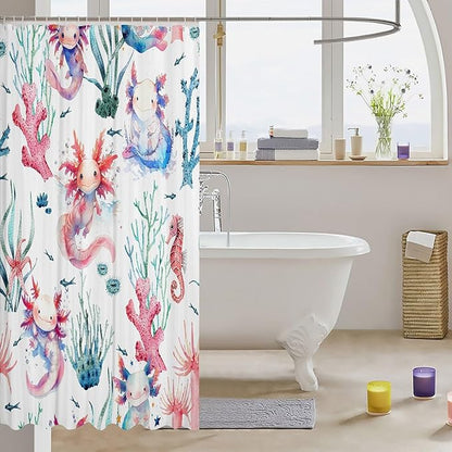 Feelyou Cartoon Axolotl Bathroom Waterproof Accessories with 12 Hooks Watercolor Salamander Fabric Shower Curtain for Kids Boys Girls Green Corals Shower Curtain Sealife Curtains,72X72 Inches