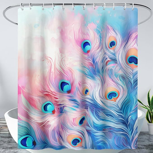 AILONEN Peacock Shower Curtain for Bathroom, Pink and Blue Peacock Feather Print Shower Curtain,Fashion Tie Dye Bath Curtain for Girls Women Waterproof 72" W*78" H