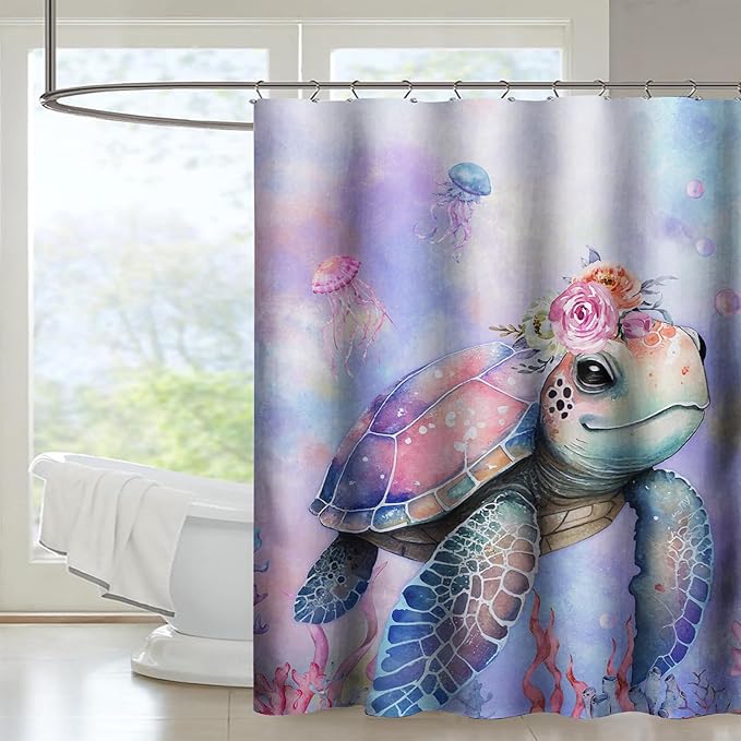 AILONEN Kawaii Sea Turtle Shower Curtain,Tie Die Turtle Bath Curtain Cloth Fabric Bathroom 60" W*72" H Inch,12 Pack Hooks for Kids Child Cute Watercolor Pink Sea Animal Bathroom Curtain