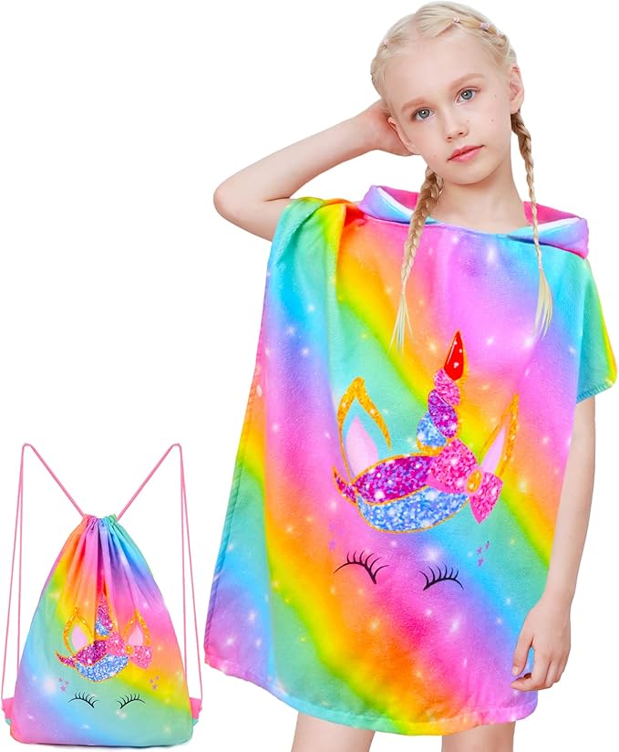 Kids Hooded Towels for Girls, Unicorn Hooded Beach Towel for Kids, Soft & Absorbent Cotton Kids Poncho Towels for 3-8 Years, 24"x24"(Rainbow Unicorn)