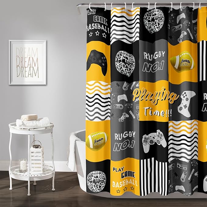 AILONEN Gaming Shower Curtain,Orangish Ball Sports Bathroom Shower Curtain for Boys Kids Teens, 72" W*78" H Gaming Gamer Theme Shower Curtain Sets for Bathroom
