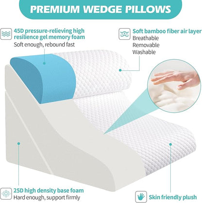 Wedge Pillow for Sleeping, Orthopedic Bed Wedge Pillow Set, 15-in-1 3PCS Adjustable Memory Foam Wedge Pillow Post Surgery, 9 &16 & 20 inches Height 3-in-1 Incline Wedges Pillows (White 3-Piece Set)