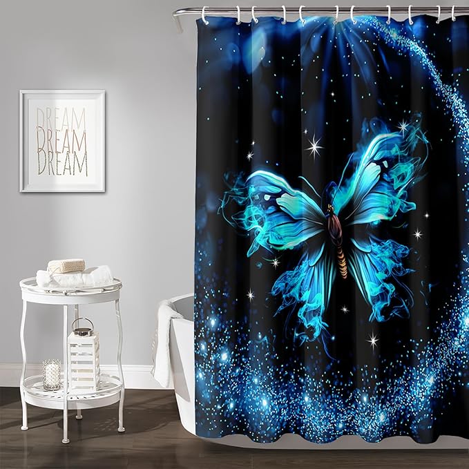 AILONEN Butterfly Shower Curtain Bathroom 72" W*78" H Sparkly Blue Butterflies Curtain Cloth Fabric Bathroom for Girls Kids,Boho Style Shower Curtain Set