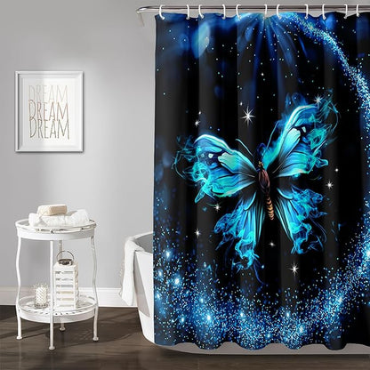 AILONEN Butterfly Shower Curtain Bathroom 72" W*78" H Sparkly Blue Butterflies Curtain Cloth Fabric Bathroom for Girls Kids,Boho Style Shower Curtain Set