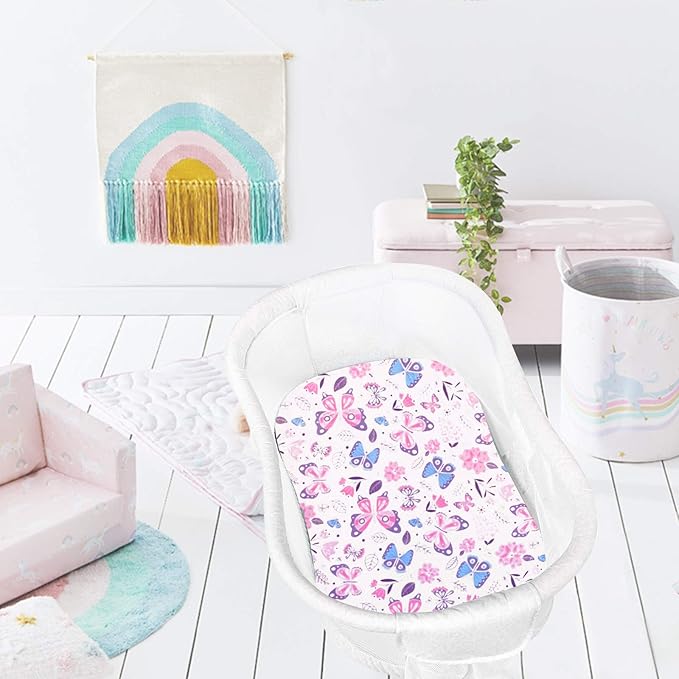 Premium Cotton Butterfly Bassinet Sheets, Fit for Halo Bassinest Swivel Sleeper, 2 Pack Hourglass Bassinet Mattress Sheet Set for Girl, Soft Breathable Safe, Pink Stars Butterfly