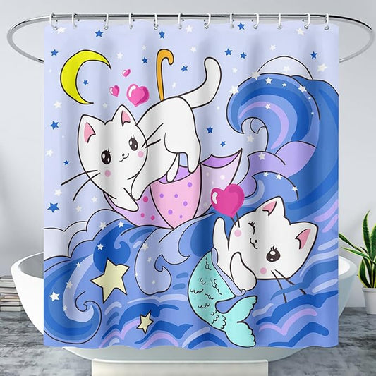 AILONEN Cute Cat Shower Curtain,Kawaii Cartoon Mermaid Kitten Polyester Cloth Bath Curtain Set for Girls Boys,Kittens with Spray Waterproof Shower Curtains for Bathroom, 36" W*72" H Blue