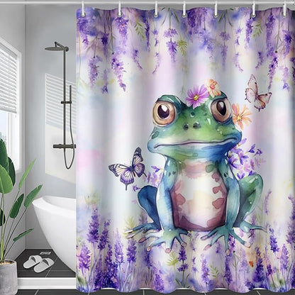 AILONEN Frog Shower Curtain, Tie Dye Lavender Flower Bath Curtain,Tie Dye Frog Bathroom Curtain Decor,Cute Frog Polyester Waterproof 72" W*72" H Shower Curtain (12 Hooks)