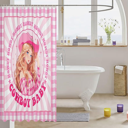 Manfei Western Cowgirl Kids Shower Curtains,Stars Cowboy Rustic Farmhouse Bathroom Curtains for Girls Women,Geometric Grids Patchwork Pink Dreamy Chic Waterproof Curtains,12 Hooks Suits,72" W x 84" L