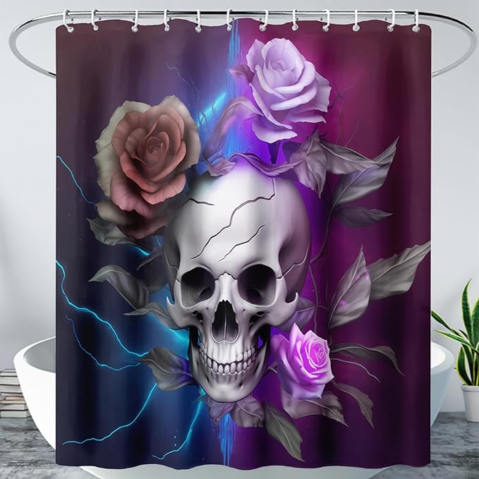AILONEN 3D Skull Shower Curtain,Purple Rose with Skeleton Design Shower Curtain Set with Hooks for Boys Girls Teens,Gothic Skull with Light Waterproof Fabric Shower Curtain for Bathroom,60" W*72" H
