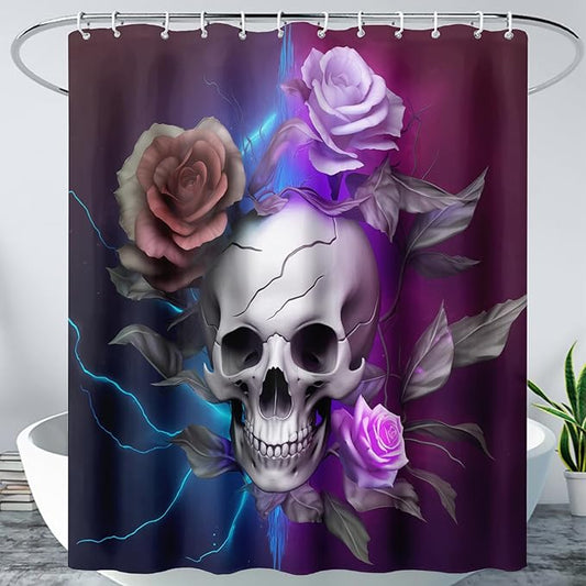 AILONEN 3D Skull Shower Curtain,Purple Rose with Skeleton Design Shower Curtain Set with Hooks for Boys Girls Teens,Gothic Skull with Light Waterproof Fabric Shower Curtain for Bathroom,60" W*72" H