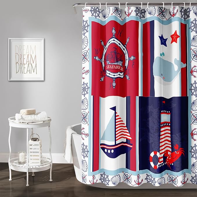 AILONEN Ocean Voyage Shower Curtain 60" W*72" H Coast Whale Lighthouse Rudder Ocean Animal Theme Bathroom Curtain,Teen Men Boys Curtain Polyester Waterproof Seafarer Bathroom Curtain with 12 Hooks
