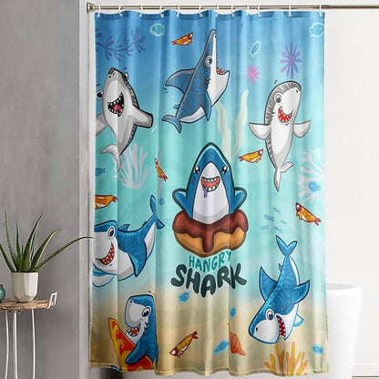 AILONEN Cartoon Shark Shower Curtain,Kawaii Donut Shark with Marine Life Bath Curtain Set for Kids Girls Boys,Fish Seaweed Fabric Shower Curtains for Bathroom, 60" W*72" H