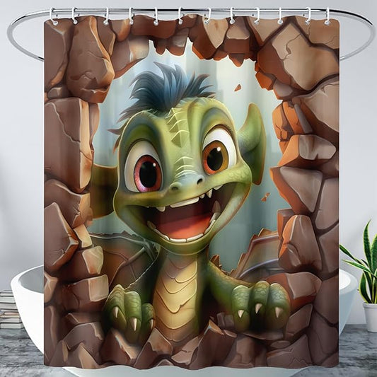AILONEN Cartoon Dinosaur Shower Curtain for Kids,Funny Green Dinosaur Shower Curtain for Bathroom,Girls,Cute Animal Shower Curtain Set with Hooks,72" W*84" H