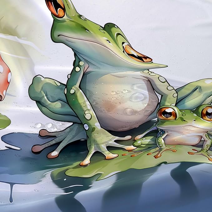 AILONEN Cartoon Frog Shower Curtain,Cute Green Frog Amphibious Animal Waterproof Fabric Bath Curtain for Kids Girls Boys,Red Mushroom Shower Curtain Set for Bathroom with Hooks,72" W*96" H
