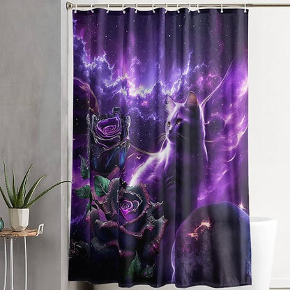 AILONEN 3D Cat Shower Curtain Set, Oil Purple Rose with Black Cat Cloth Bath Curtain for Kids Boys Girls,Boho Starry Night Shower Curtain for Bathroom,72" W*72" H