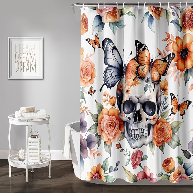 AILONEN 3D Sugar Skull Shower Curtain,Sunflower with Skeleton Design Shower Curtain Set with Hooks for Boys Girls,Butterfly Gothic Skull Waterproof Fabric Shower Curtain for Bathroom,72" W*96" H