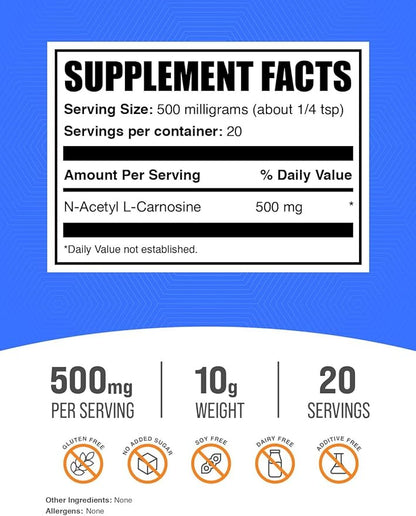 BulkSupplements.com N-Acetyl L-Carnosine Powder - Carnosine Supplement, N-Acetyl Carnosine 500mg - Gluten Free, 500mg per Serving, 10g (0.35 oz) (Pack of 1)
