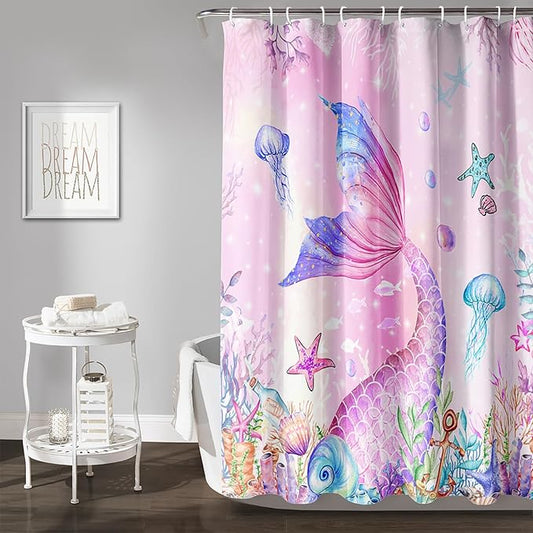 AILONEN Mermaid Shower Curtain for Kids Women Girls, Pink Ocean Coral Jellyfish Coast Bathroom Curtain,Mermaid Tail Print Bath Curtain 72" W*96" H Polyester Waterproof Shower Curtain with 12 Hooks