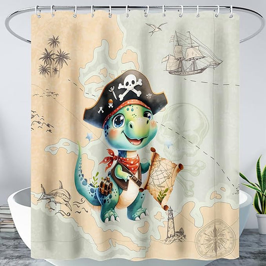 AILONEN Cute Dinosaur Shower Curtain,Ocean Map Nautical Pirate Dinosaur Bath Curtain,Boys Exploring Captain Dinosaur Decoration Kids Curtain with 12 Plastic Hooks,Waterproof 60" W*72" H