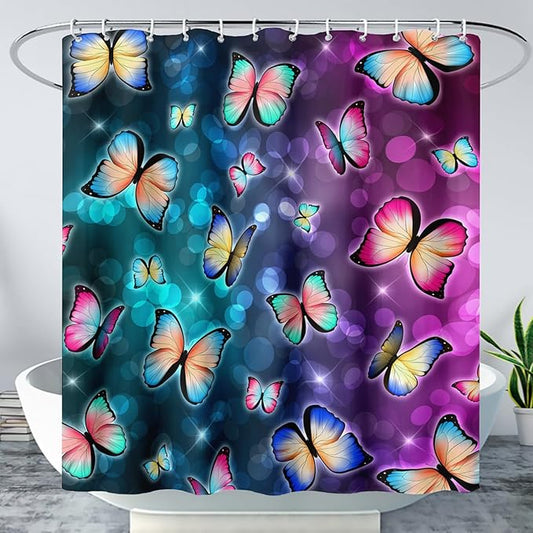 AILONEN Colorful Butterfly Shower Curtains,Gradient Butterfly Bath Curtain for Bathroom Decor,Polyester Waterproof with 12 Plastic Hooks 60" W*72" H