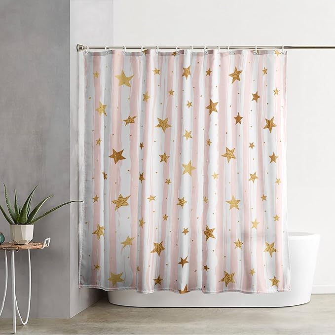 AILONEN Stars Shower Curtain, Pink Striped and Gold Stars Waterproof Shower Curtain,Simple Vintage Style Shower Curtain Liner for Girls Women Adults,72" W*96" H